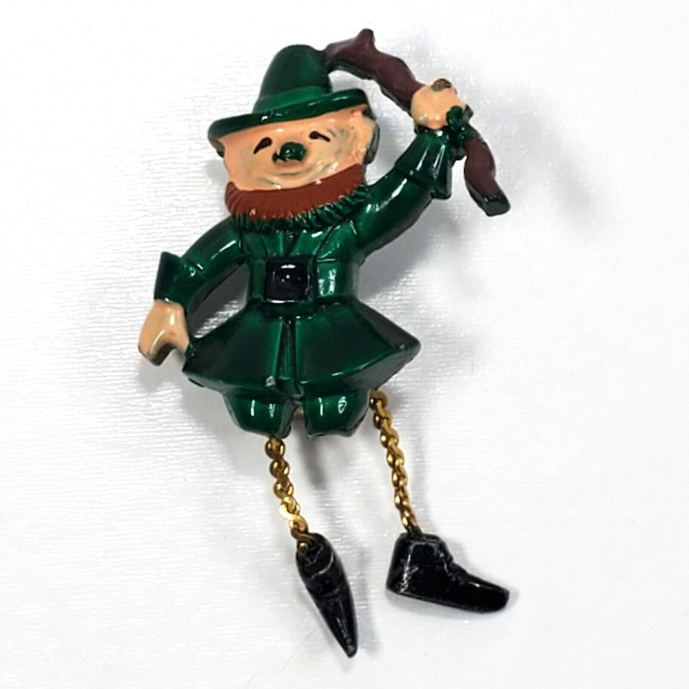 Vintage Metal Enamel Dancing Dangle Legs Leprechaun St. Patrick's Day Brooch Pin